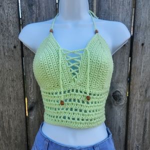 Lime Green Crochet Halter Top, Boho, Festival. 💕Size S/M